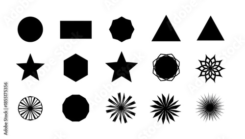 A high-angle, full shot displays nine black geometric shapes against a stark white background. The shapes are organized in three columns and three rows. 