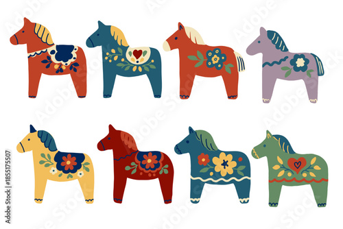 Cute vector set of scandinavian horses with ethnic floral ornaments.