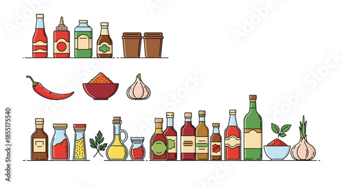 Detailed assortment of kitchen condiments and spices shows various bottles of sauce, oil, and bowls of ground herbs.
