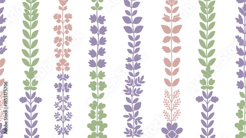 Seamless vertical pattern of various delicate floral and leafy vines in a soft pastel palette of dusty rose, lavender, and sage green.