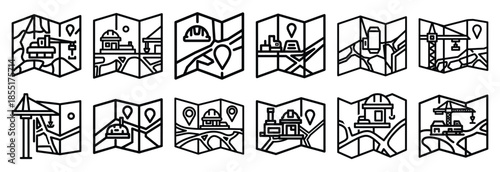 Set of outline icons construction site map . construction simple line isolated icon set collection