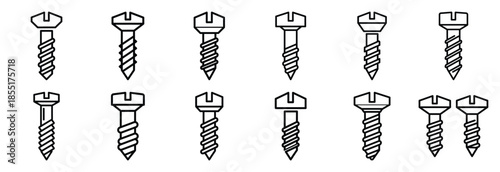 Set of outline icons construction screws . construction simple line isolated icon set collection