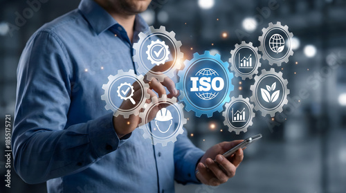 ISO certification standard and quality management system,man touching gear interface,compliance regulation control,industrial safety guarantee,audit process improvement,firm rule.