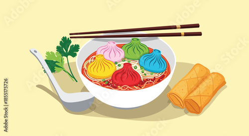 Large bowl of spicy noodle soup topped with colorful dumplings in pink, green, blue, yellow, and red, served with spring rolls.