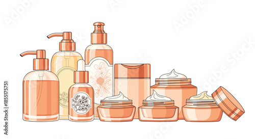 Elegant set of skin care and cosmetic products in copper-toned glass bottles, pump dispensers, and cream jars on a white background.