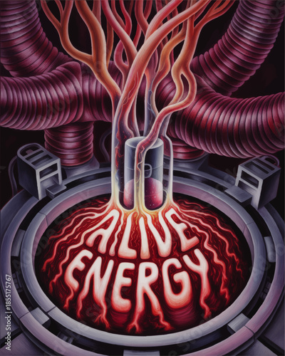 Futuristic alive energy reactor illustration with glowing red bioelectric cables, sci fi laboratory power core concept art