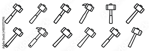 Set of outline icons demolition hammer . construction simple line isolated icon set collection