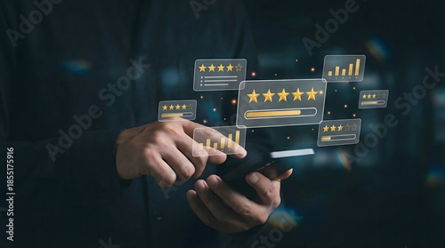Customer review and feedback concept with five stars rating,user experience satisfaction survey,client opinion evaluation,quality service ranking,mobile app voting,reputation system.