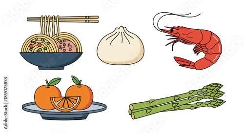 Collection of Asian food items featuring a bowl of noodles, a steamed bun, a shrimp, oranges, and asparagus spears.
