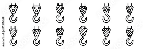 Set of outline icons hoist hook . construction simple line isolated icon set collection