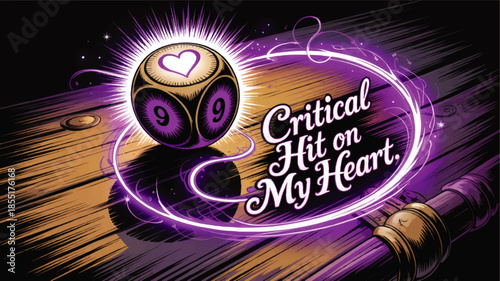 Romantic tabletop RPG dice illustration with glowing purple magic, heart symbol and “Critical Hit on My Heart” fantasy lettering