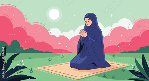 Devout Muslim woman in a blue hijab kneeling and praying on a mat in a beautiful outdoor landscape at sunset or sunrise.