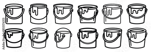 Set of outline icons paint bucket . construction simple line isolated icon set collection