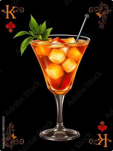 Glass of tasty cosmopolitan cocktail. Fresh cocktail drinks with flower on black and gold color palette background with heart, playing cards style illustration.