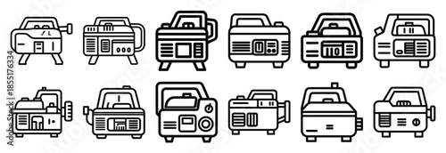 Set of outline icons portable generator . construction simple line isolated icon set collection