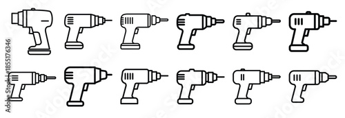 Set of outline icons power drill . construction simple line isolated icon set collection