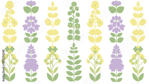 Collection of stylized vertical flower arrangements in soft pastel colors, including yellow, lilac, and green, isolated on a white background.