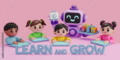 Cute 3D cartoon robot teaching diverse kids with tablets in colorful classroom, Learn and Grow education and STEM learning banner