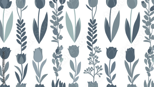 Seamless vertical floral pattern featuring elegant tulips and leafy vines in monochromatic dusty blue and gray tones for a sophisticated design.