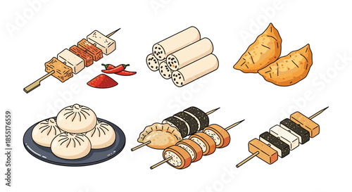 Wide variety of popular street food snacks including skewers, dumplings, steamed buns, and spicy condiments on a clean background.