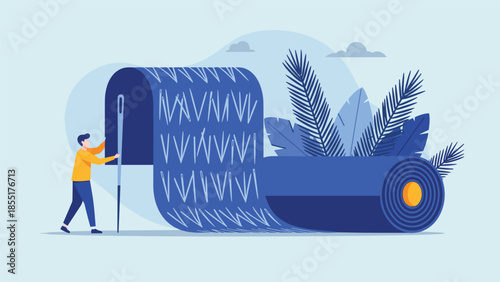 Tailoring and textile concept showing a person with a large needle working on a big roll of patterned blue fabric.