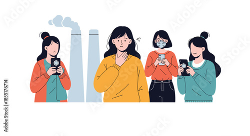 Concerned group of young people, some wearing masks, standing in front of industrial chimneys emitting smoke to highlight pollution.