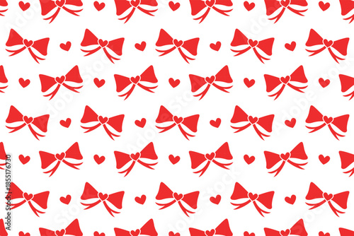 Vector seamless background with red bows and hand-drawn hearts. Seamless pattern with ribbon bows.