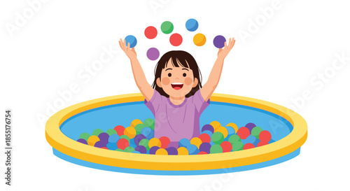 Joyful young girl with a bright smile playing and tossing colorful balls in a plastic ball pit during a fun childhood activity.