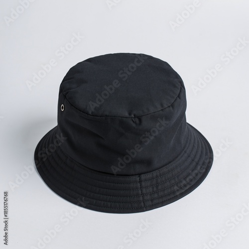 Black Bucket Hat on Clean White Background Flat Eye Level Product Mockup