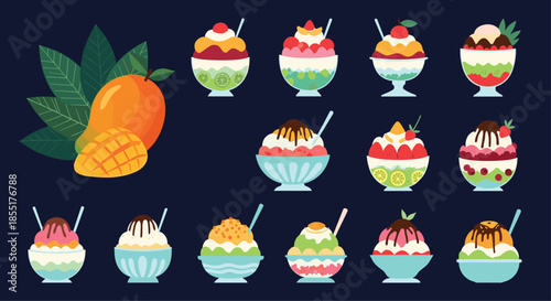 Extensive collection of colorful shaved ice or ice cream desserts topped with various fruits, syrup, and a fresh whole mango.