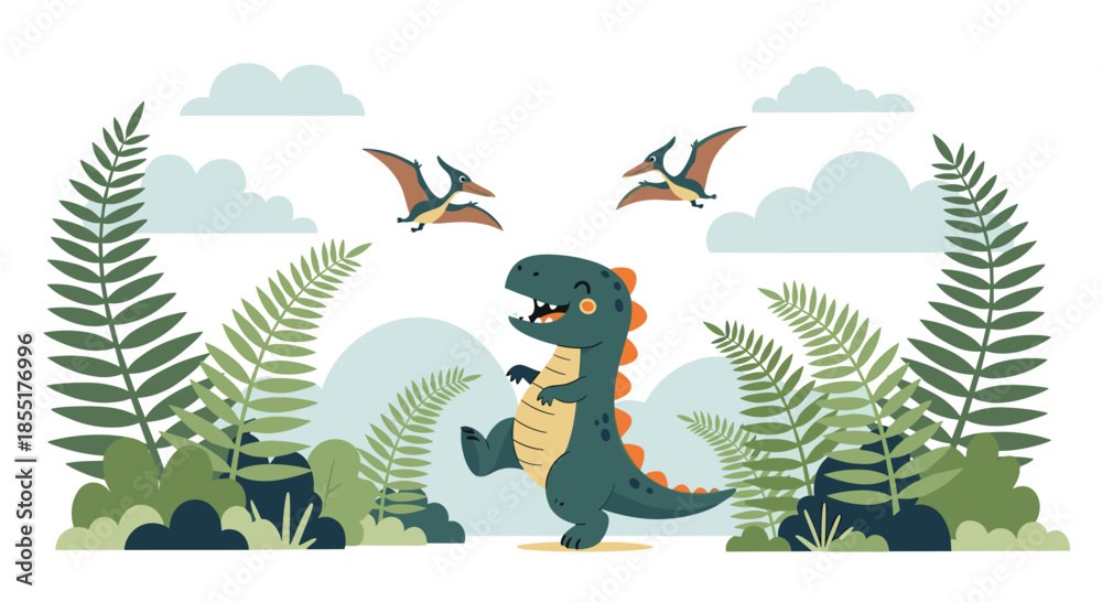 Naklejka premium Cute green tyrannosaurus rex playing in a prehistoric jungle with flying pterodactyls and tropical ferns under a cloudy sky.