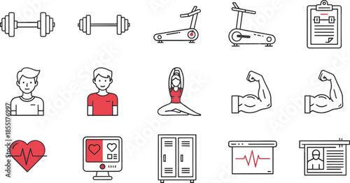 Gym and fitness icon set featuring dumbbell, treadmill, yoga pose, muscle biceps, and heart rate symbols in minimalist line art style.