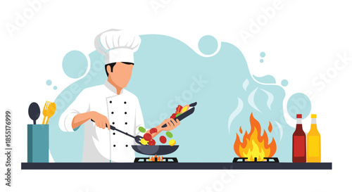 Professional chef in a white uniform and hat skillfully tossing vegetables in a frying pan over an open flame in a modern kitchen.