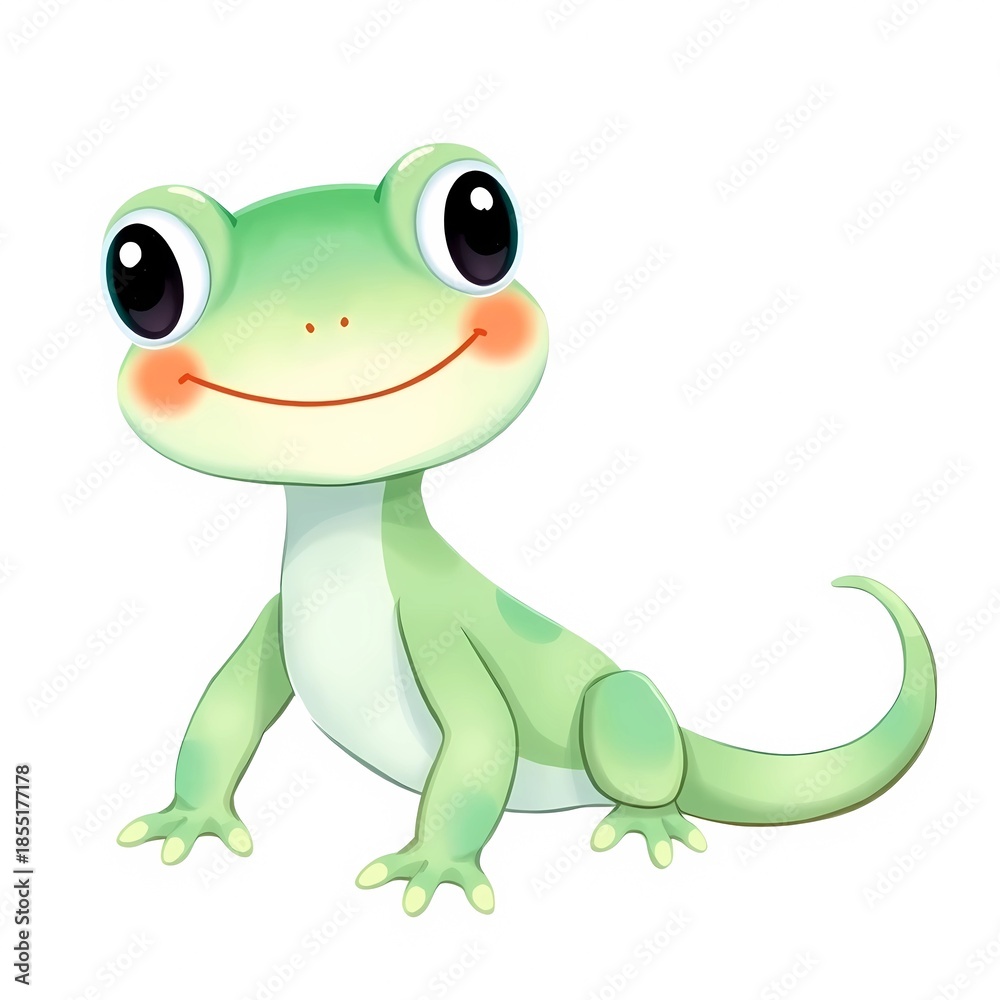 Fototapeta premium A cute cartoon green lizard smiles with big black eyes.