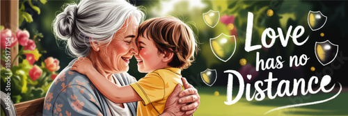 Loving grandmother hugging child illustration in sunny garden, Love has no Distance family quote, warm multigenerational bonding art