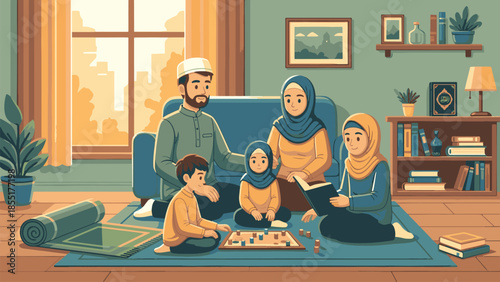 Happy Muslim family spending time together at home in the living room with children playing games and reading books in flat vector style.