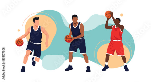 Three basketball players in team uniforms demonstrating different skills like dribbling and shooting against an abstract background.