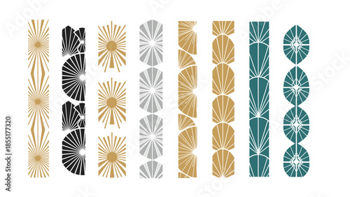 Collection of elegant vertical Art Deco seamless borders and patterns in gold, silver, and teal for sophisticated design projects.