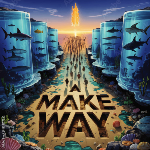 Surreal parted ocean pathway with sharks in glass walls and people walking toward glowing horizon, inspirational concept art