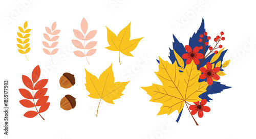 Various autumn leaves in yellow, orange, and pink shades along with acorns and a floral bouquet arrangement for fall decor.