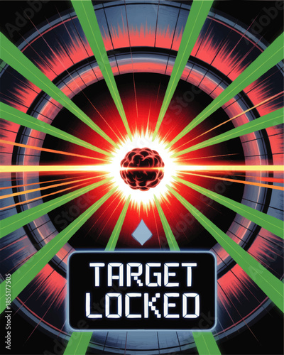 Futuristic target locked interface with glowing brain, neon laser beams and sci fi HUD crosshair radar in abstract technology background