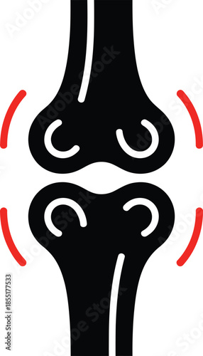 Vector illustration of a human knee joint with red pain arcs and cartilage lines, ideal for medical or orthopedic design use.