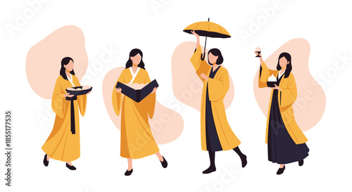 Four women wearing traditional yellow and black hanbok dresses while carrying food, books, and an umbrella in a graceful manner.