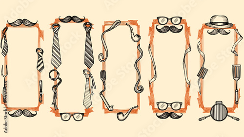 Set of hand-drawn vintage frames for Father's Day, decorated with mustaches, ties, pipes, glasses, and barbecue tools.
