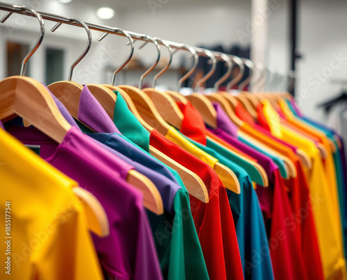 Title: Row of colorful shirts on wooden hangers in a clothing store with bright and vibrant colors