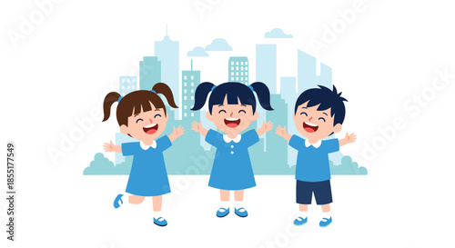 Group of three happy school children in blue uniforms jumping for joy in front of a blue city skyline background.