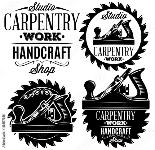 Carpentry work handcraft shop studio emblems set with woodworking tools and saw blades in black and white.