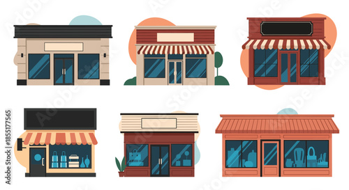 Set of diverse building storefronts for shops and boutiques with colorful awnings and large display windows for retail business.