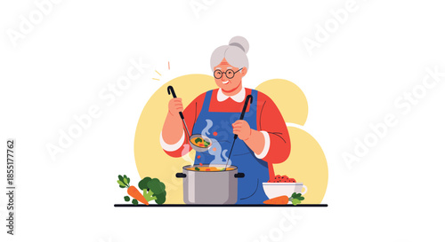 Kind grandmother wearing a blue apron and glasses carefully cooking a healthy vegetable soup in a large stainless steel pot.