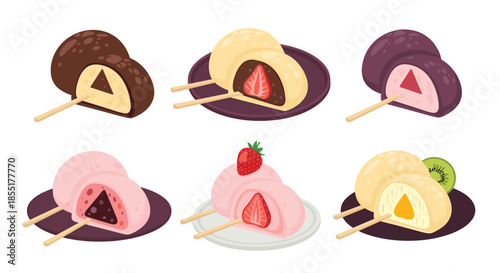 Selection of traditional Japanese mochi rice cakes with colorful fruit fillings like strawberry and kiwi on small plates.